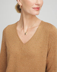 Chico's | Ella V-Neck Embellished Pullover Sweater/ Faux Camel Heather