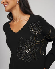 Chico's | Floral Embellished Dolman V-Neck Pullover/ Black