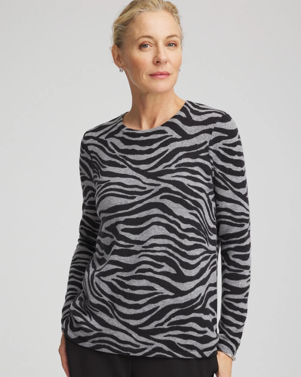 Chico's | Cashmere Zebra Long-Sleeve Pullover Sweater/ Black