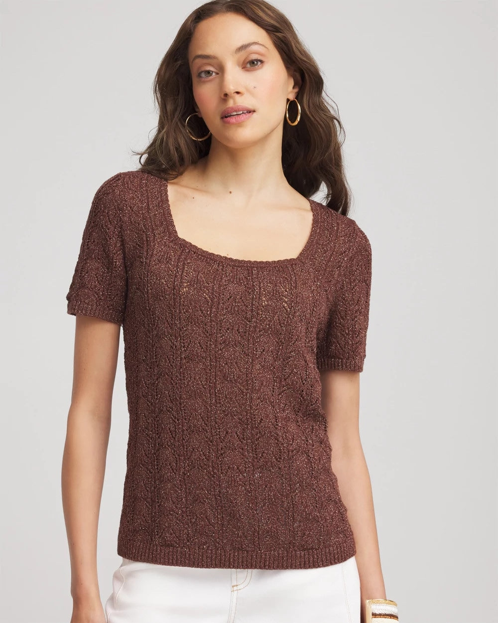 Chico's | Pointelle Square-Neck Pullover Sweater/ Cacao
