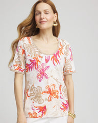 Chico's | Floral Print Crochet-Trim Pullover Sweater/ Alabaster