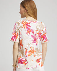 Chico's | Floral Print Crochet-Trim Pullover Sweater/ Alabaster