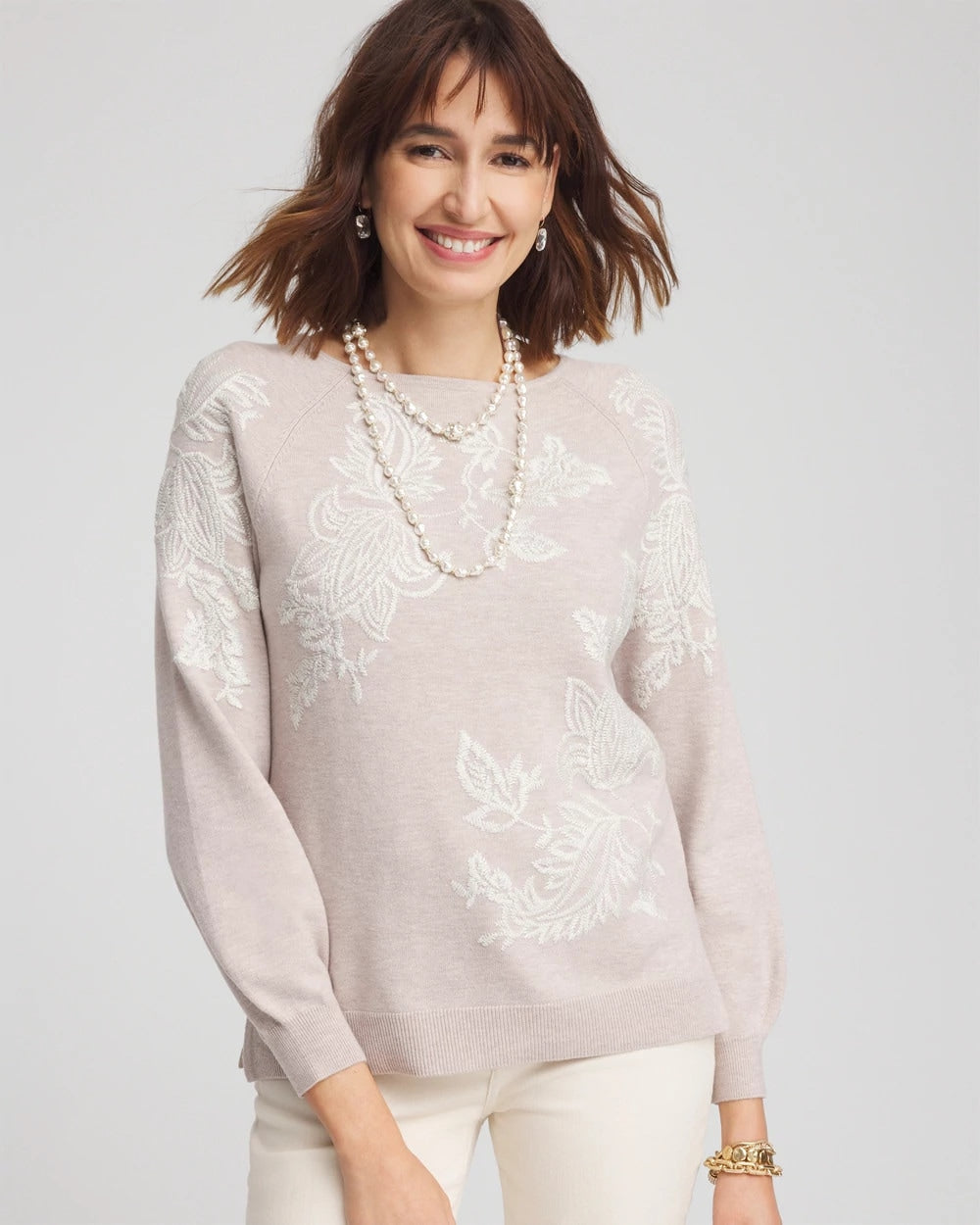 Chico's | Embroidered Boatneck Sweater/ Helium