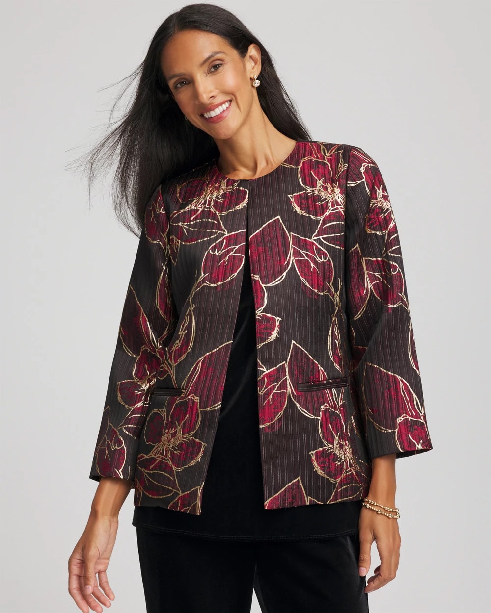Chico's | Travelers™ Collection Jacquard Foiled Floral Jacket/ Red