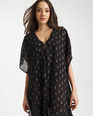 Chico's | Printed Kaftan Swim Cover-Up/ Black/Neutral