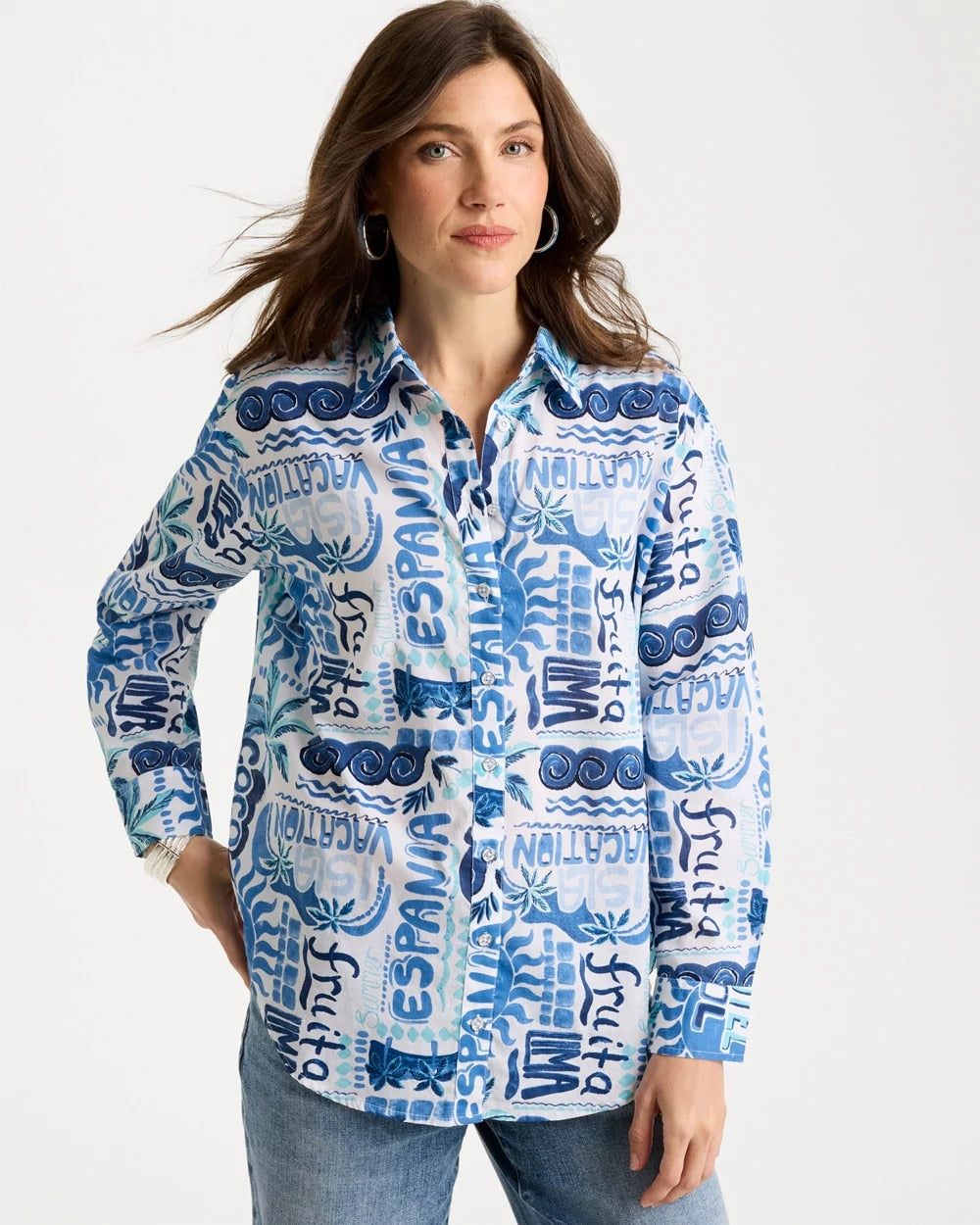 Chico's | Cotton Voile Collared Beach Shirt/ Bondi Blue