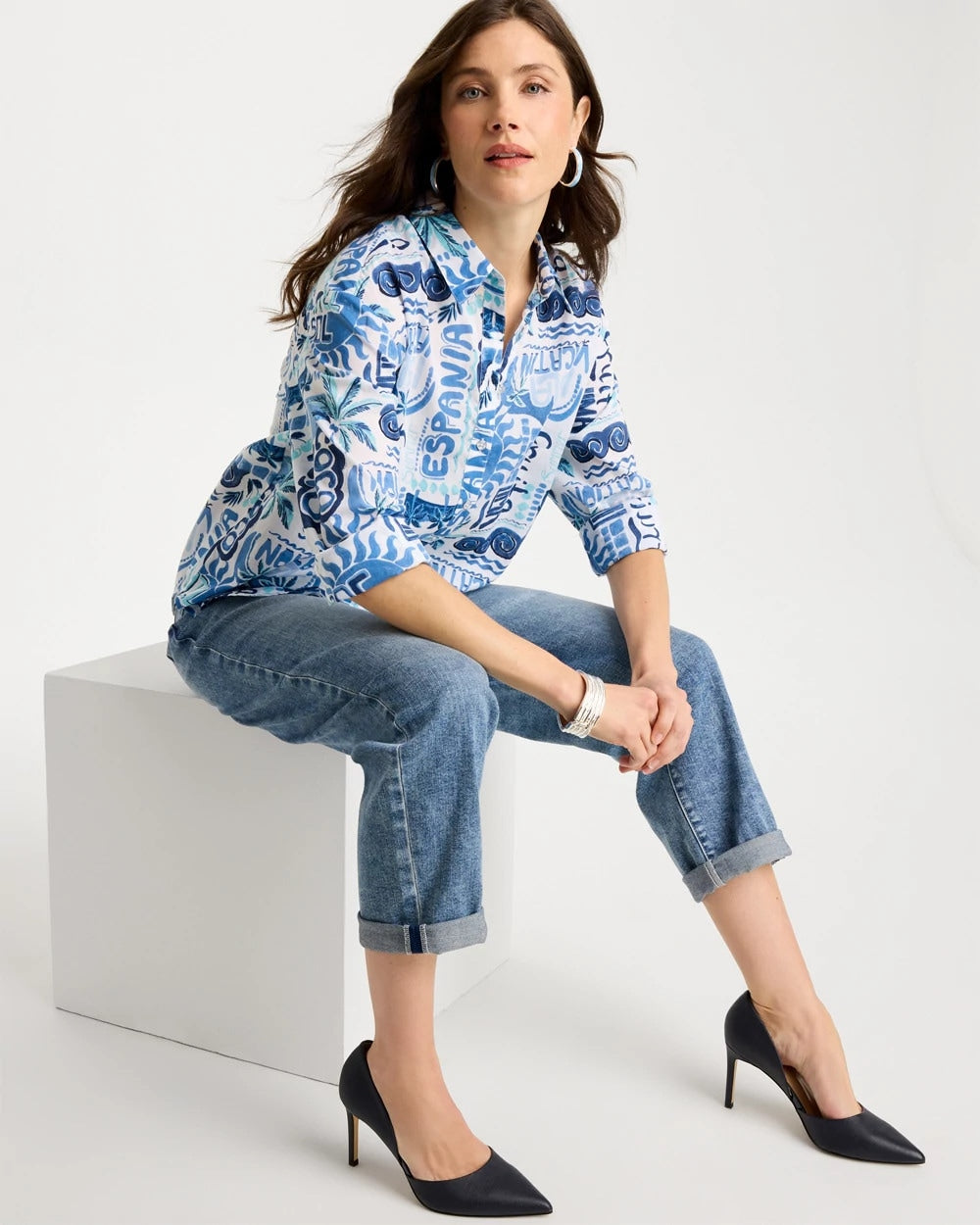 Chico's | Cotton Voile Collared Beach Shirt/ Bondi Blue