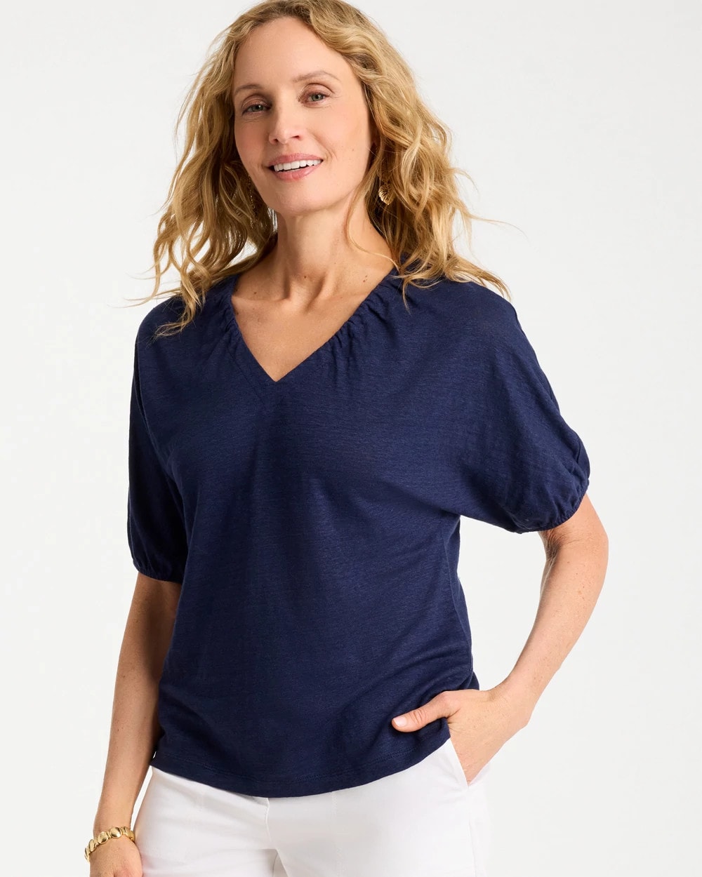 Chico's | Linen Ruched V-Neck Tee/ Passport Blue