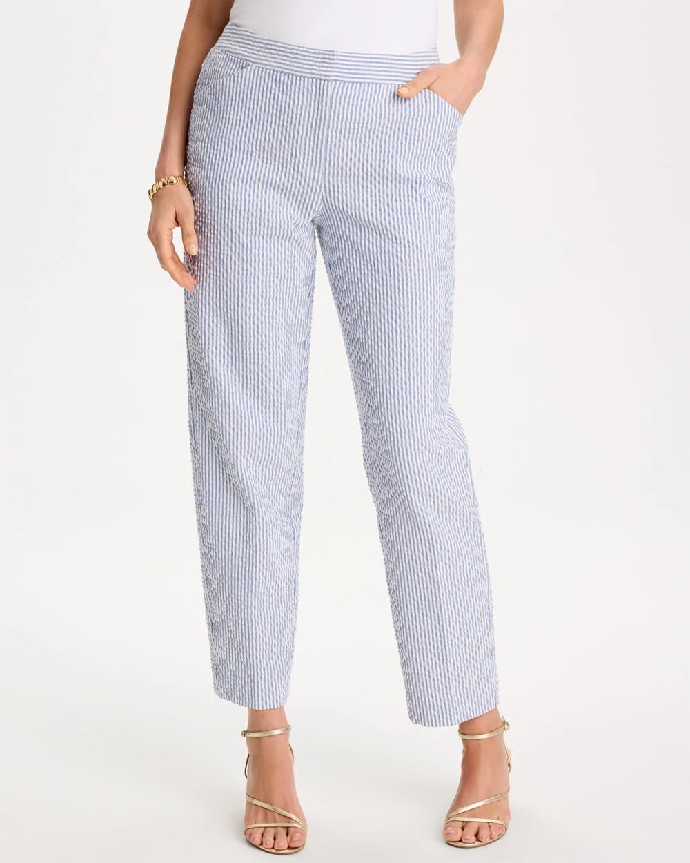 Chico's | Striped Seersucker Straight Ankle Pants/ Blue
