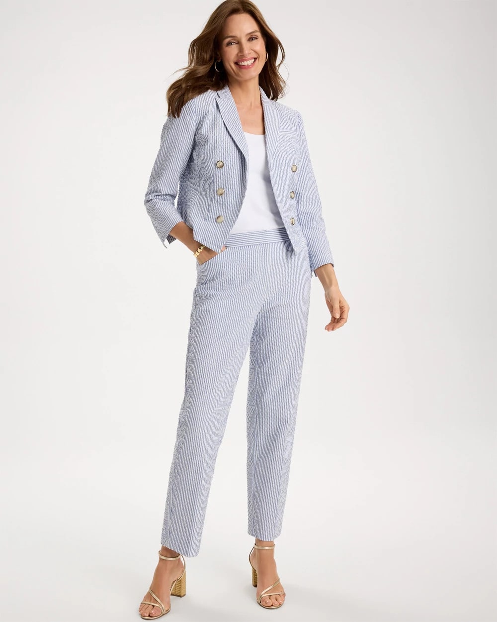 Chico's | Striped Seersucker Straight Ankle Pants/ Blue