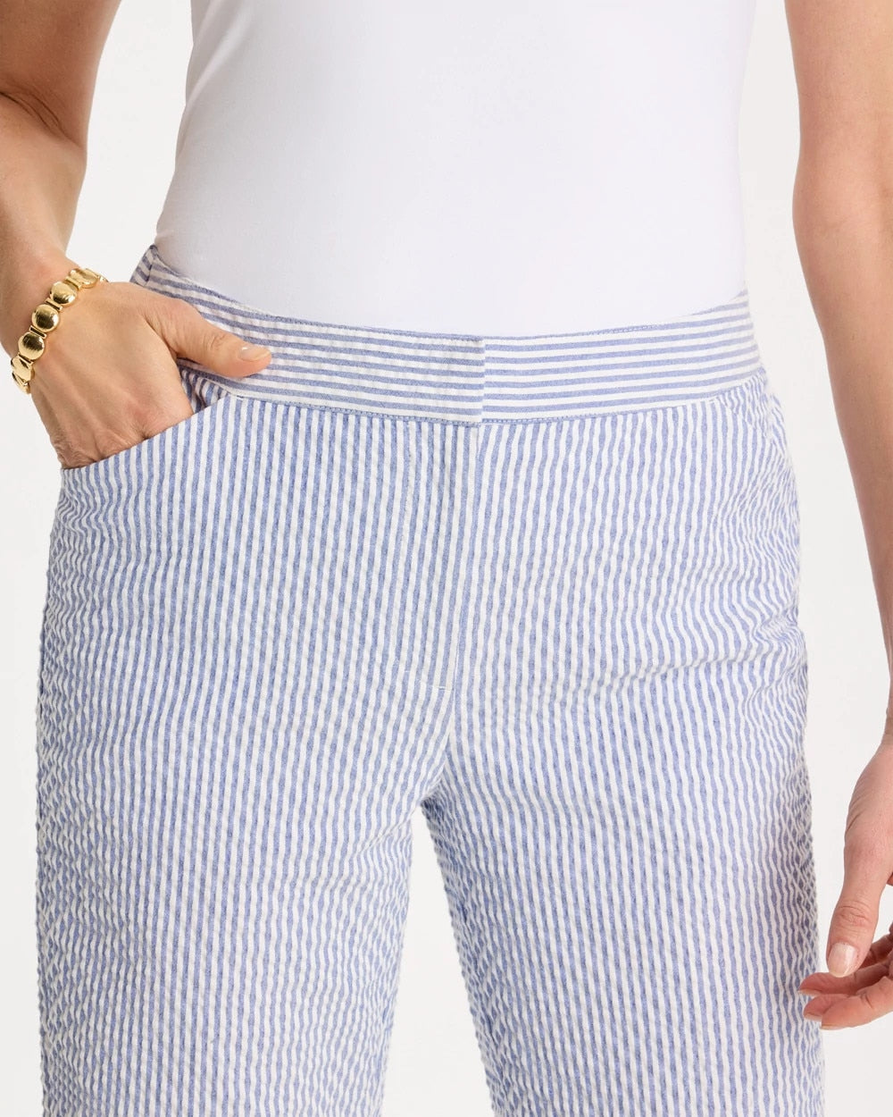 Chico's | Striped Seersucker Straight Ankle Pants/ Blue