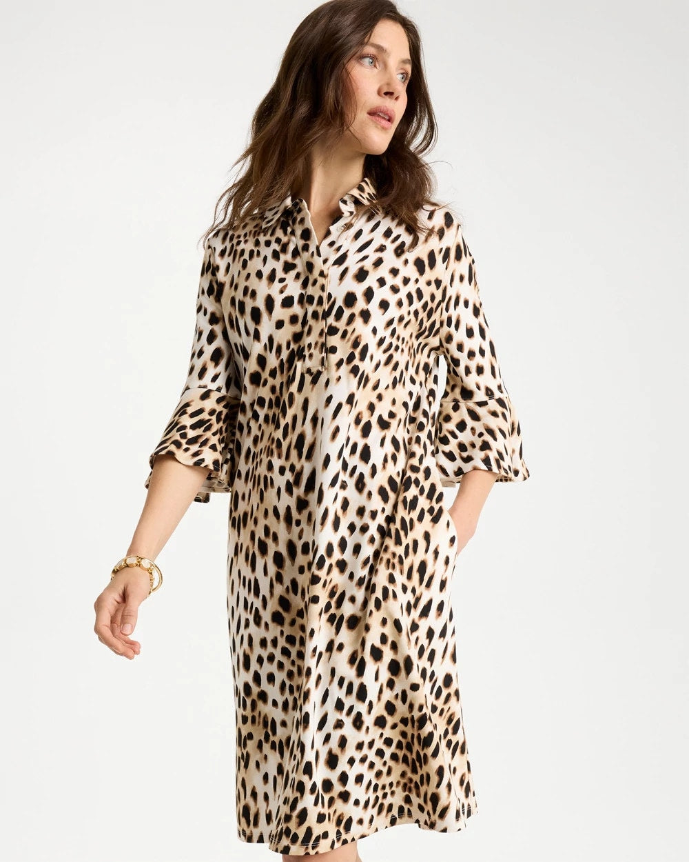 Chico's | Ponte Knit Flounce Sleeve Dress/ Chocolate Fondant