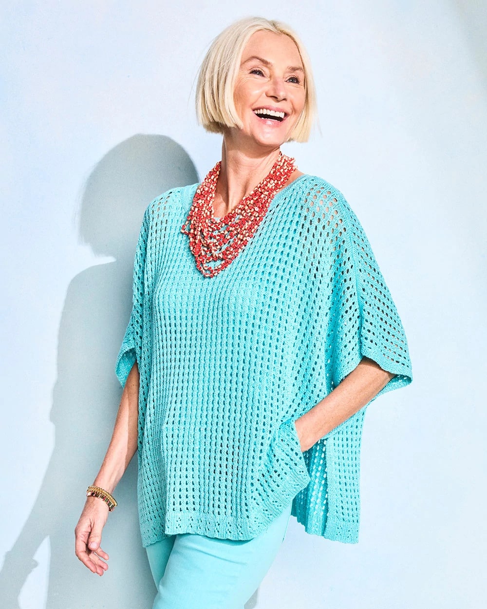 Chico's | Lurex Open-Stitch Sweater Poncho/ Bondi Blue