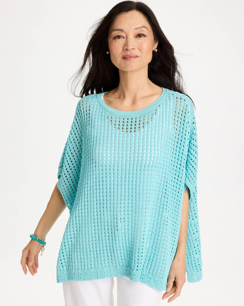 Chico's | Lurex Open-Stitch Sweater Poncho/ Bondi Blue
