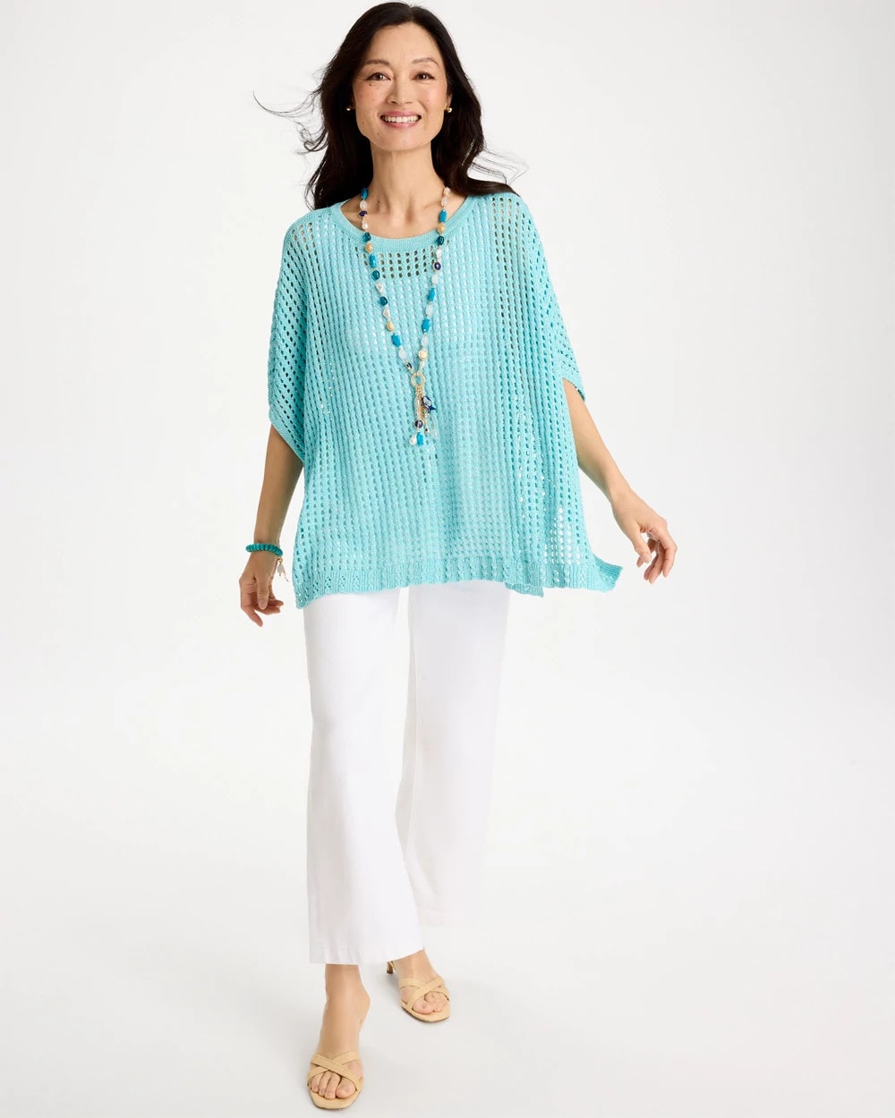 Chico's | Lurex Open-Stitch Sweater Poncho/ Bondi Blue