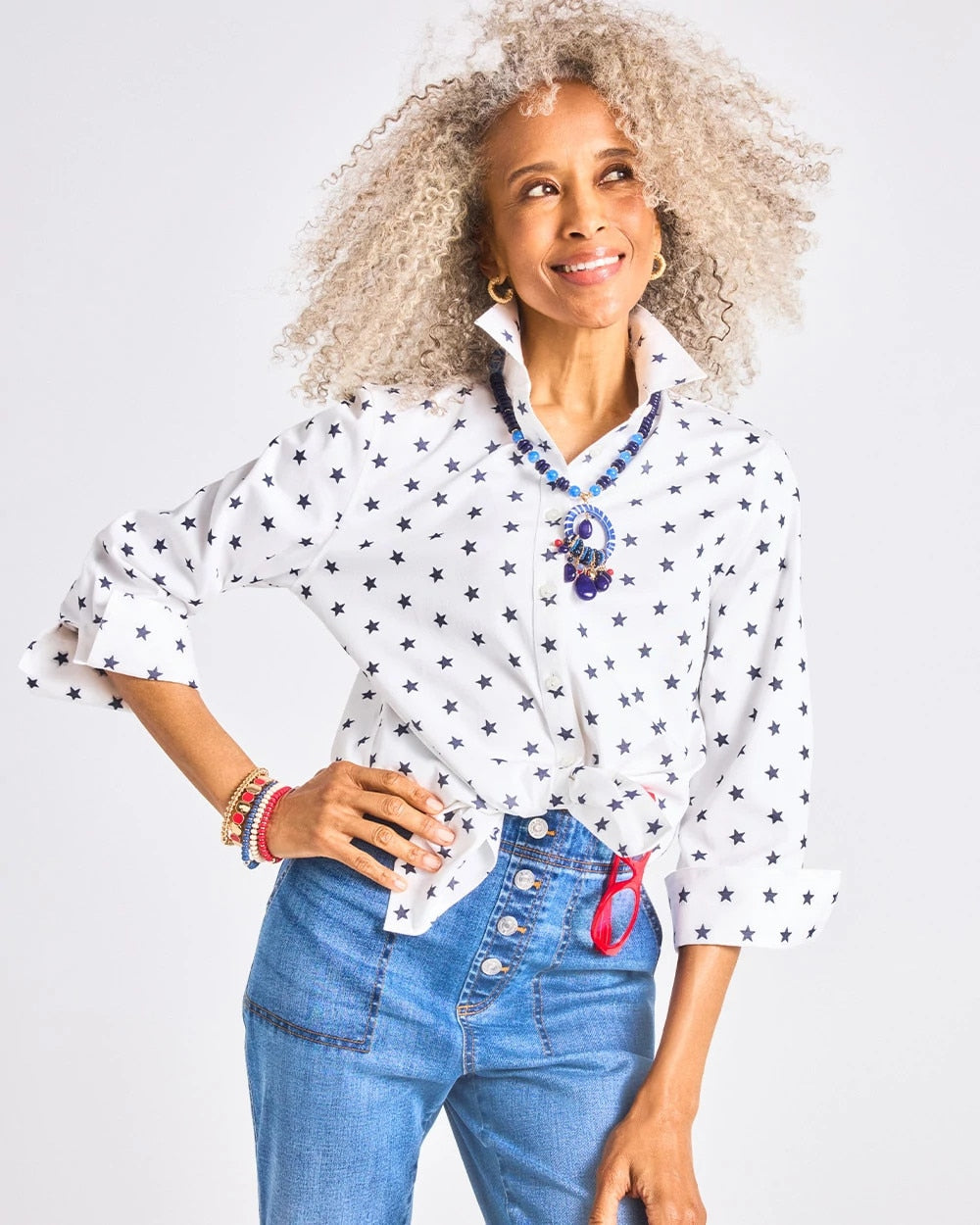 Chico's | No Iron™ Stretch Jacquard Stars Shirt/ Passport Blue