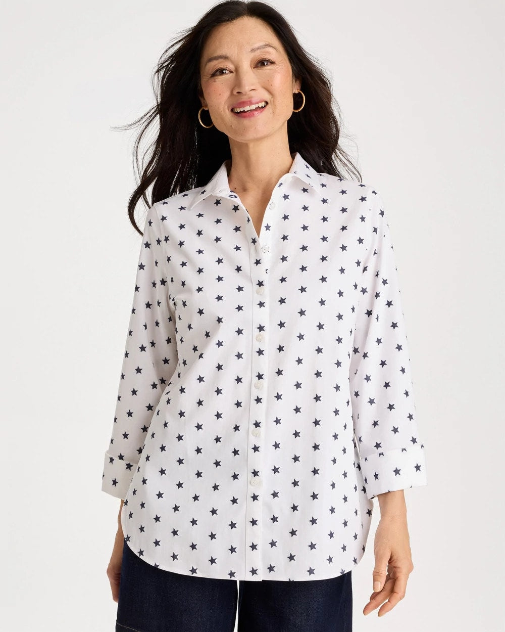 Chico's | No Iron™ Stretch Jacquard Stars Shirt/ Passport Blue