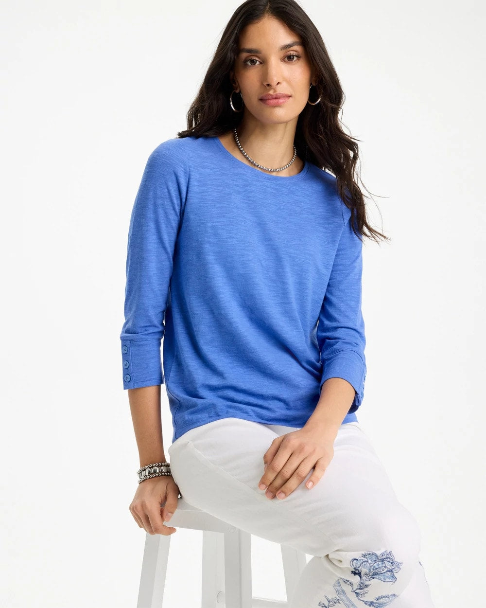 Chico's | Cotton Slub 3/4 Sleeve Button Tee/ Amparo Blue