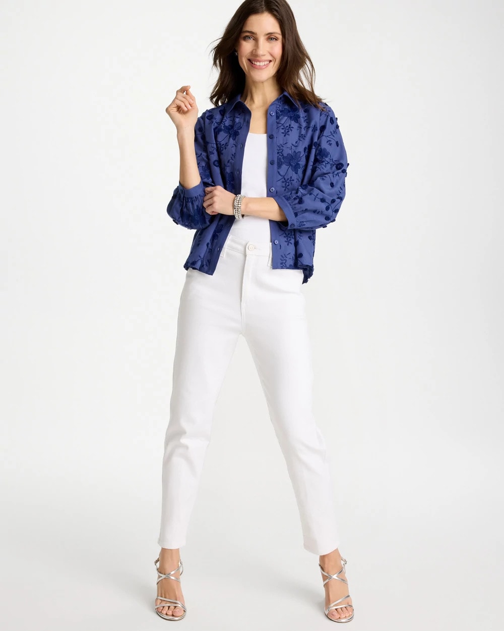 Chico's | 3D Floral Embroidered Top/ Indigo