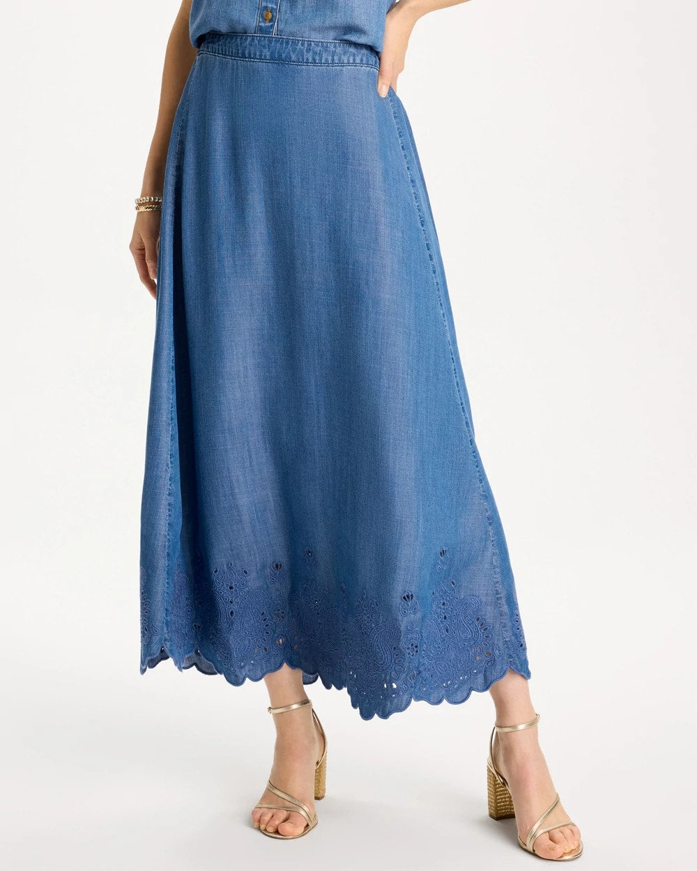 Chico's | Indigo Twill Embroidered Hem Skirt/ Pearl Indigo