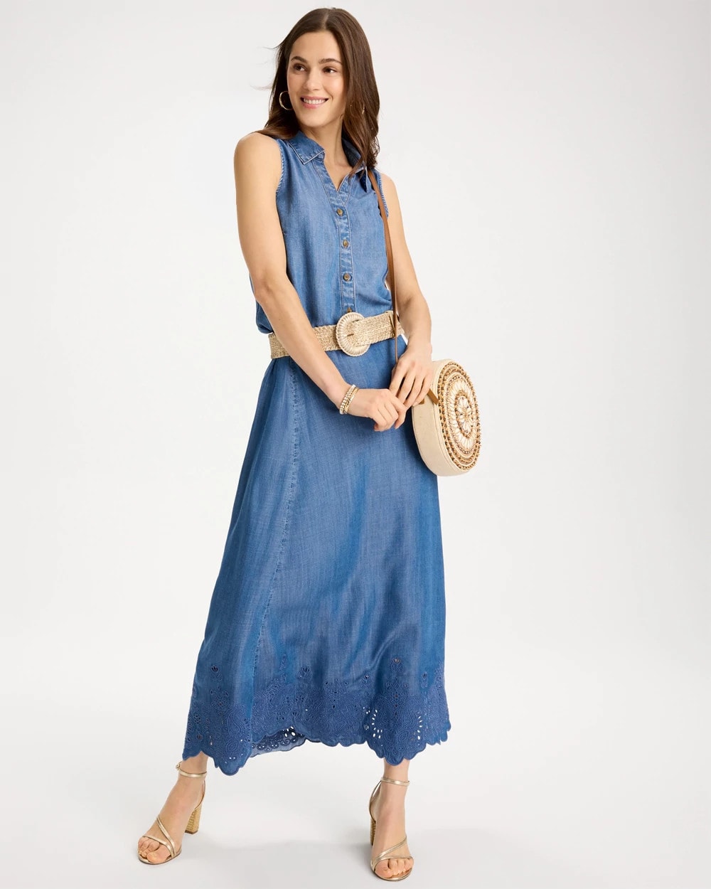 Chico's | Indigo Twill Embroidered Hem Skirt/ Pearl Indigo