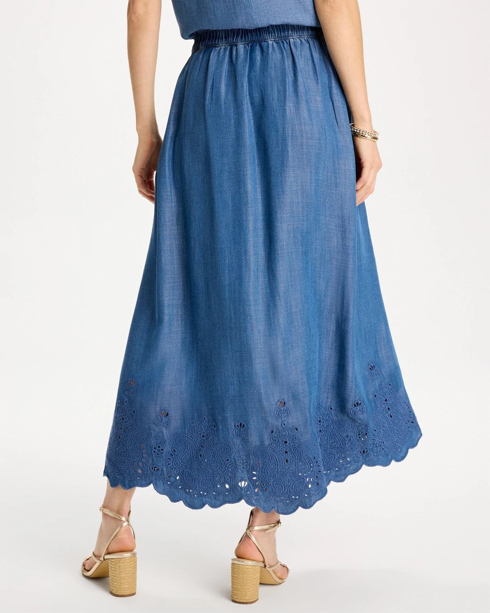 Chico's | Indigo Twill Embroidered Hem Skirt/ Pearl Indigo