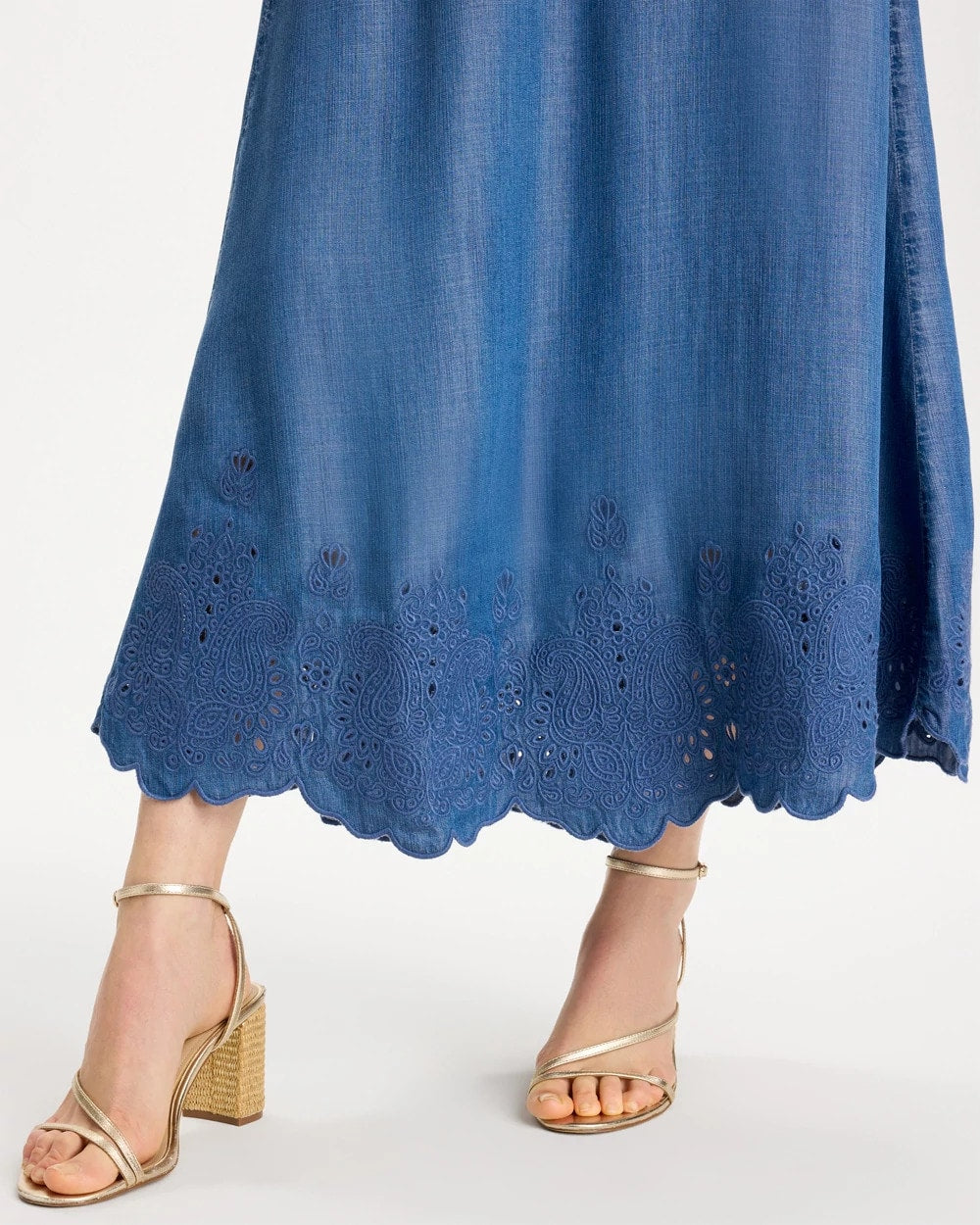 Chico's | Indigo Twill Embroidered Hem Skirt/ Pearl Indigo