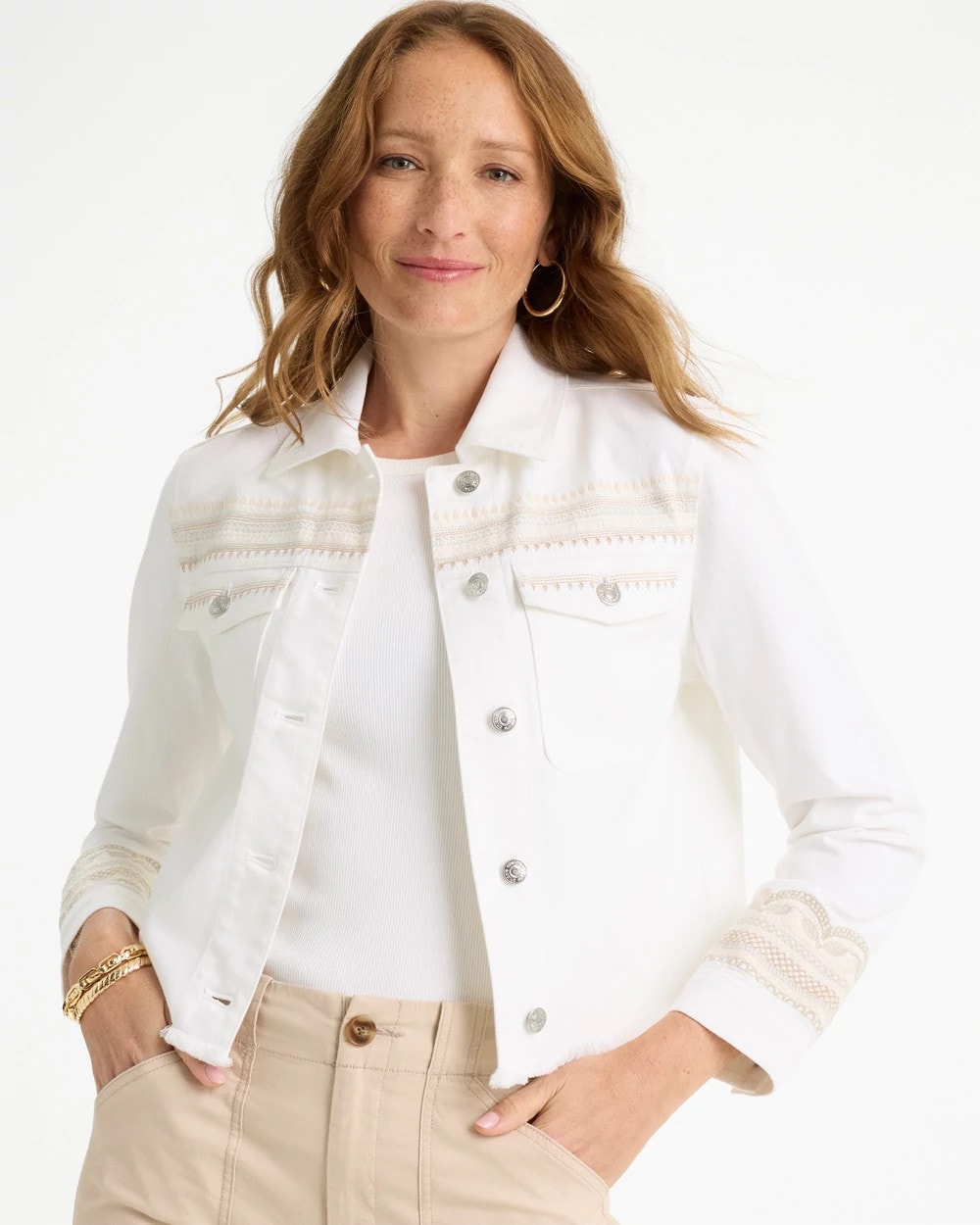 Chico's | Embroidered Cropped Denim Trucker Jacket/ Alabaster
