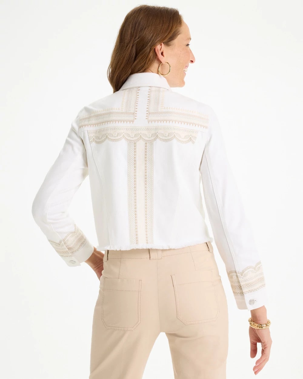 Chico's | Embroidered Cropped Denim Trucker Jacket/ Alabaster