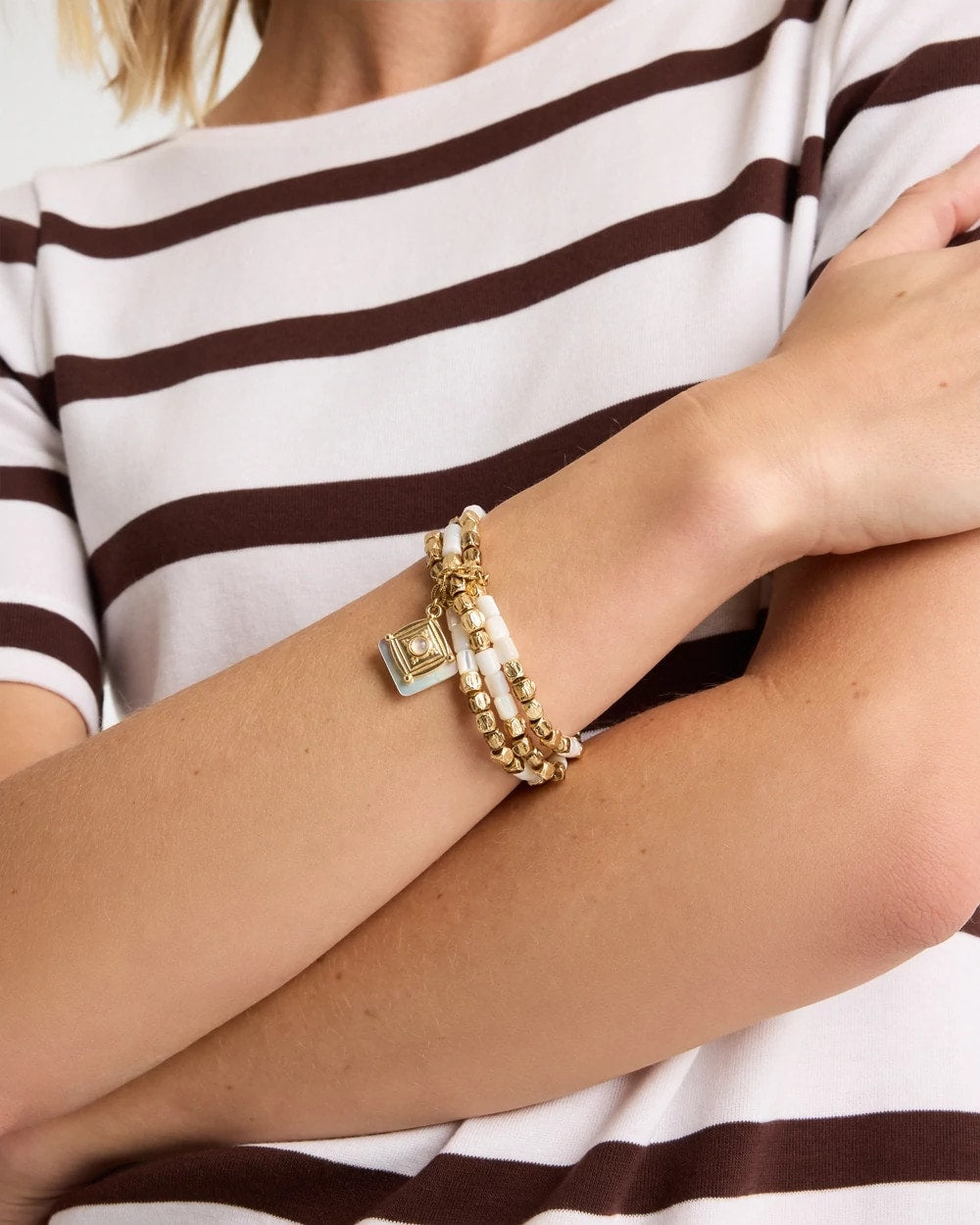 Chico's | Set of 3 Pearl Treasure Stretch Bracelets/ Gold