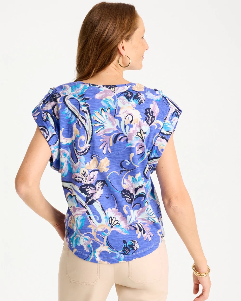 Chico's | Paisley Cotton Slub Epaulette Tee/ Amparo Blue