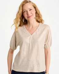 Chico's | Fog Foiled Linen Ruched V-Neck Tee/ Smokey Taupe