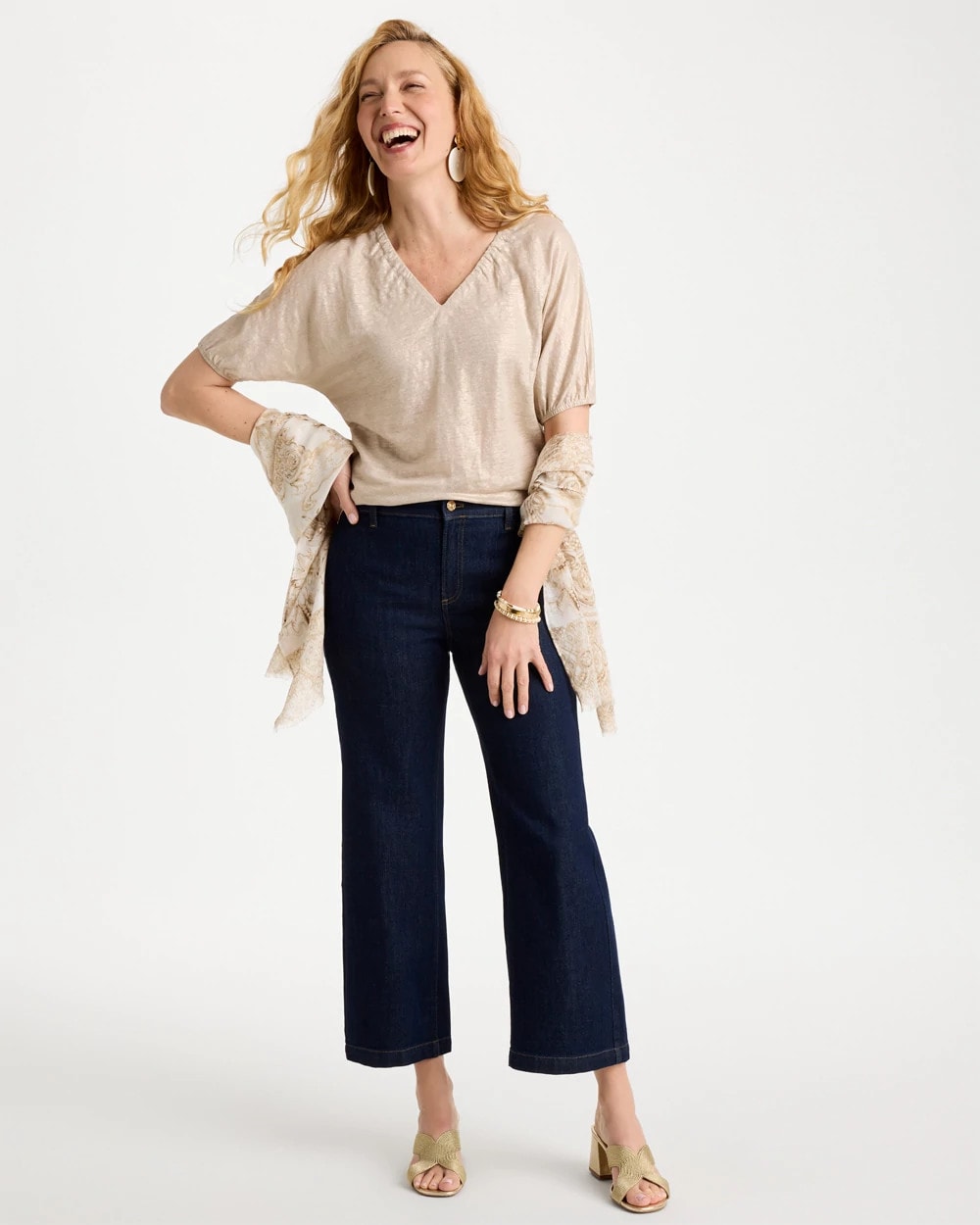 Chico's | Fog Foiled Linen Ruched V-Neck Tee/ Smokey Taupe