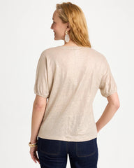 Chico's | Fog Foiled Linen Ruched V-Neck Tee/ Smokey Taupe