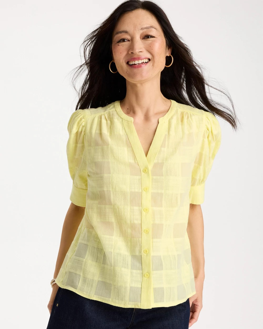 Chico's | Cotton Plaid Elbow-Sleeve Shirt/ Sage Lime