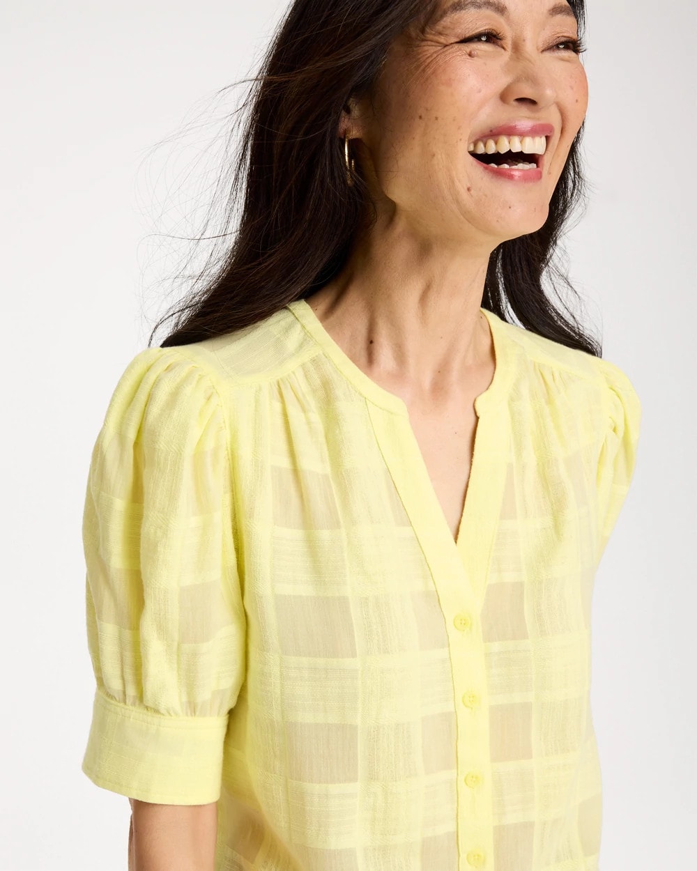 Chico's | Cotton Plaid Elbow-Sleeve Shirt/ Sage Lime