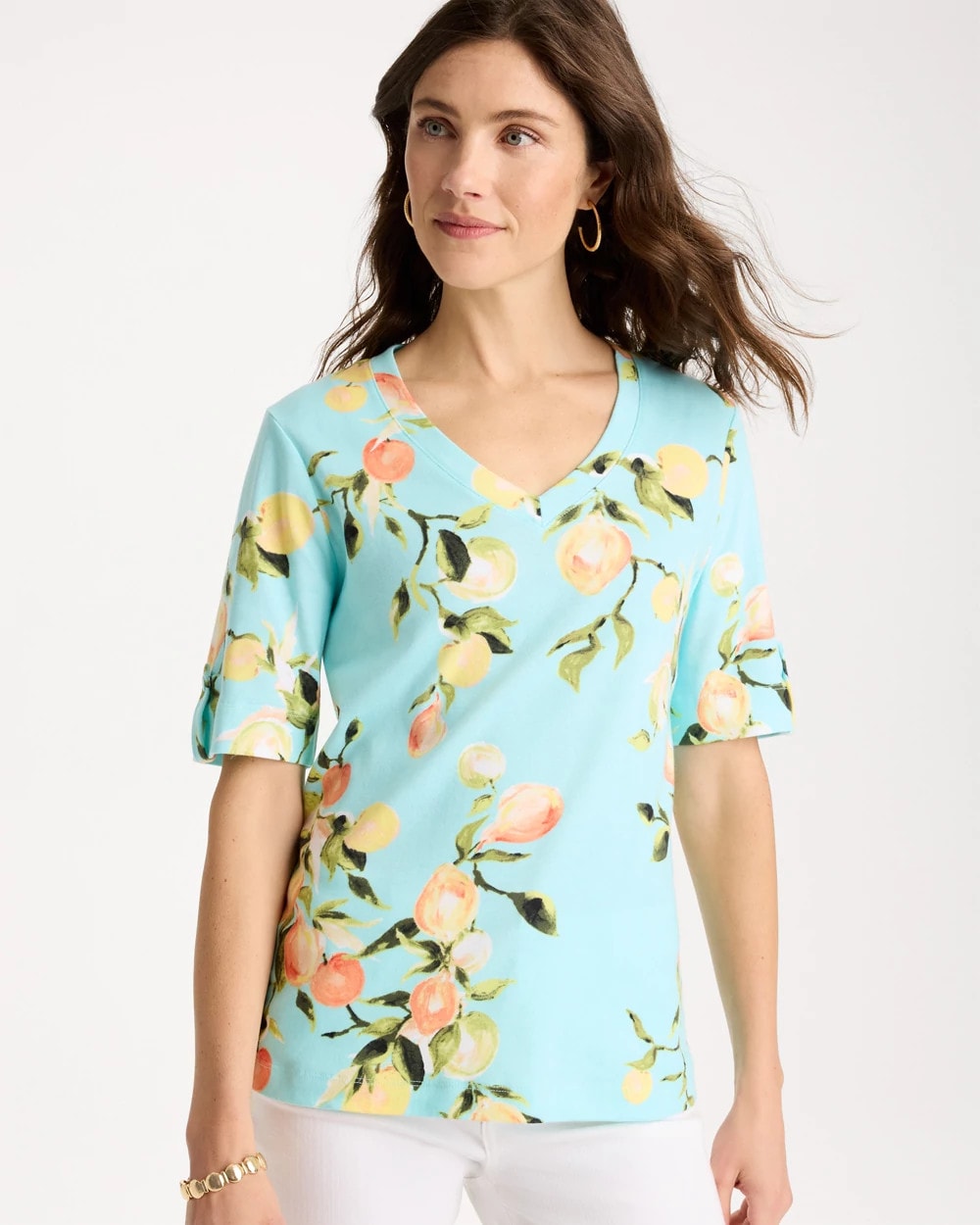 Chico's | Pima Printed Elbow-Sleeve Tee/ Bondi Blue