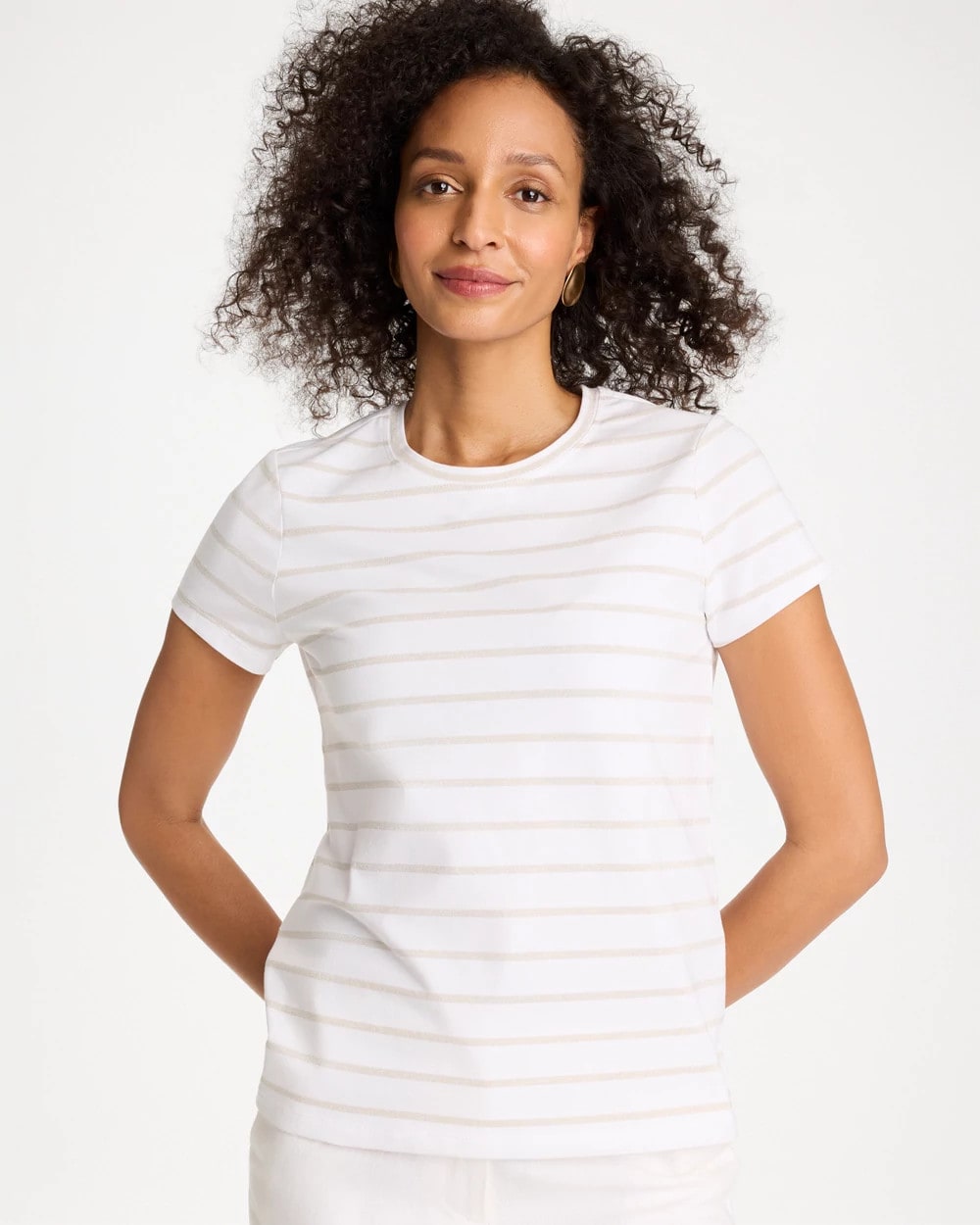 Chico's | Cotton Stretch Striped Cap Sleeve Tee/ Alabaster