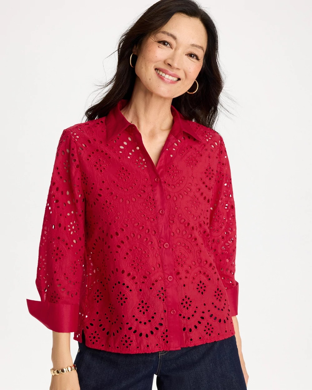 Chico's | Eyelet Collared Shirt/ Cherry Lush
