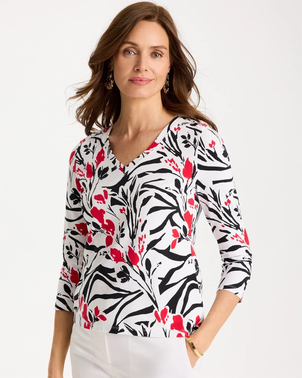 Chico's | Cotton Stretch 3/4 Sleeve Floral Tee/ Black