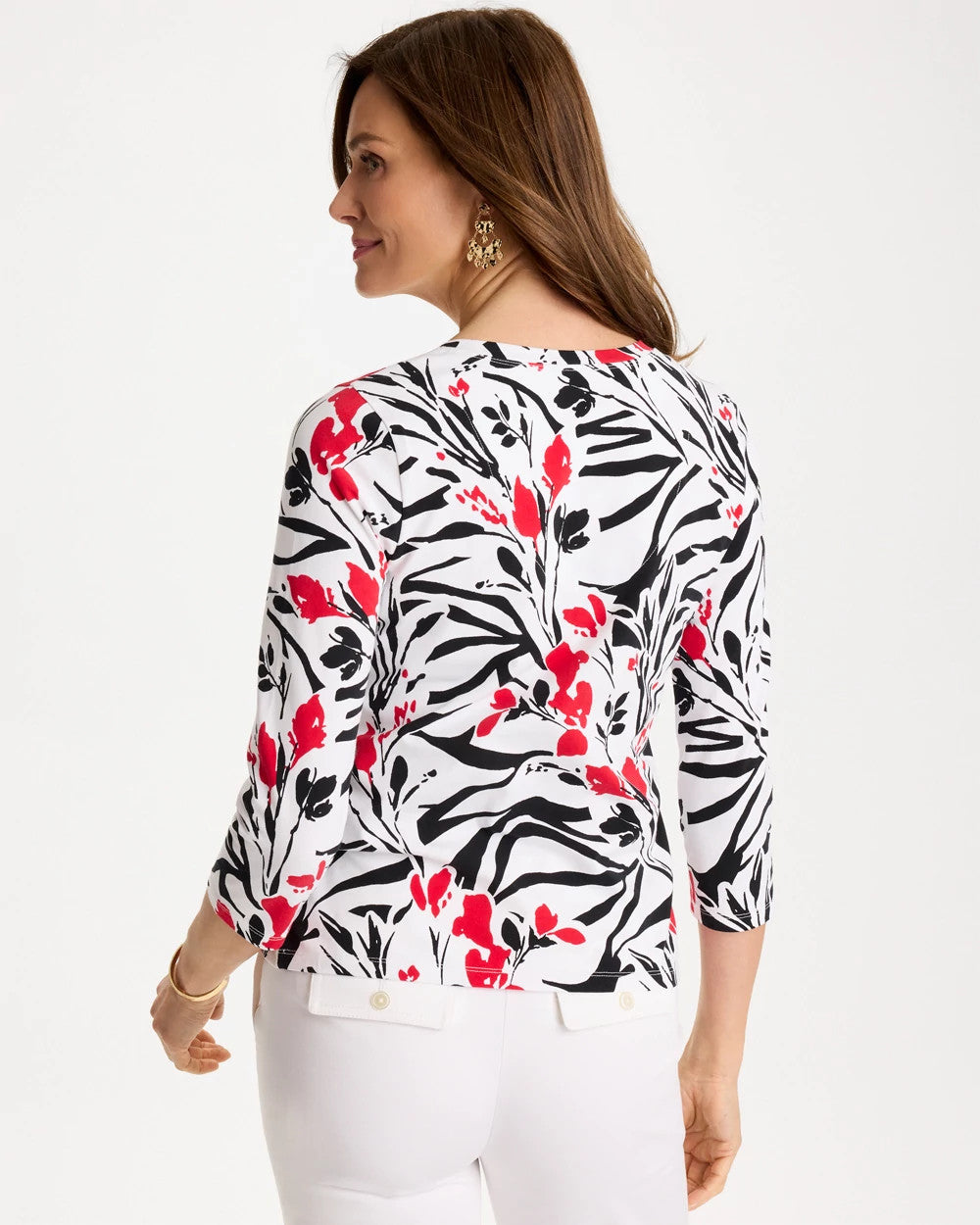 Chico's | Cotton Stretch 3/4 Sleeve Floral Tee/ Black