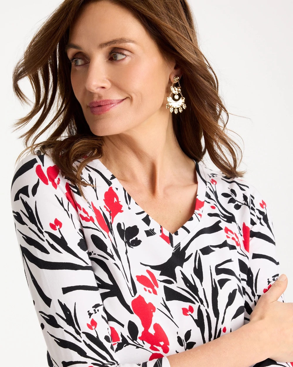 Chico's | Cotton Stretch 3/4 Sleeve Floral Tee/ Black
