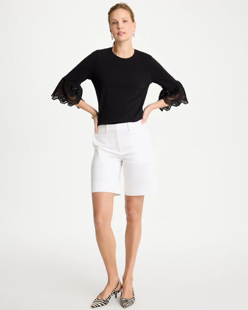 Chico's | Cotton Lace Flutter Sleeve Tee/ Black