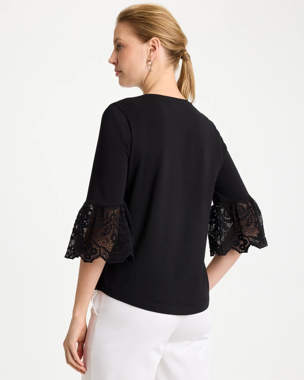 Chico's | Cotton Lace Flutter Sleeve Tee/ Black