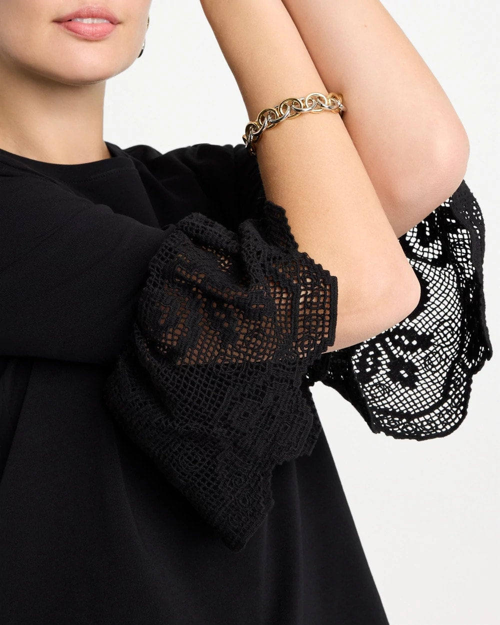 Chico's | Cotton Lace Flutter Sleeve Tee/ Black