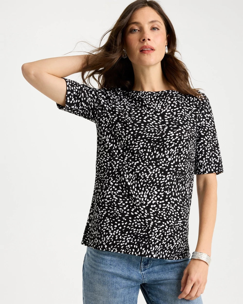 Chico's | Printed Pima Elbow Sleeve Tee/ Black