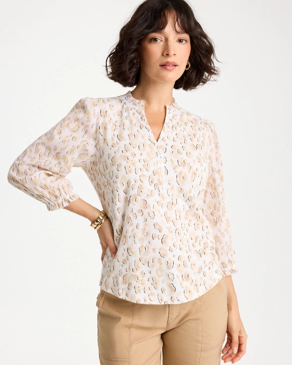 Chico's | Animal Print Ruffled V-Neck Top/ Mocha Mousse