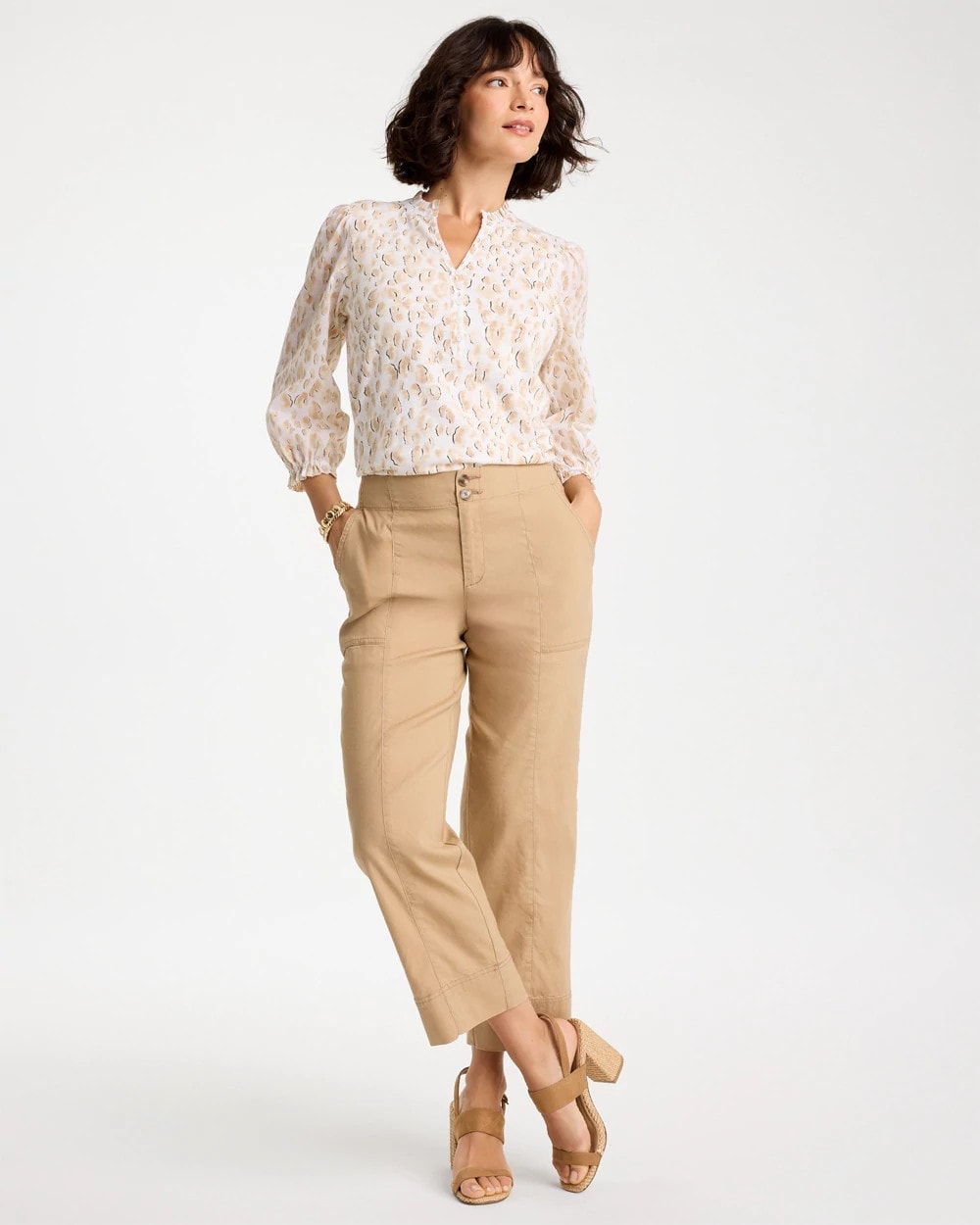 Chico's | Animal Print Ruffled V-Neck Top/ Mocha Mousse