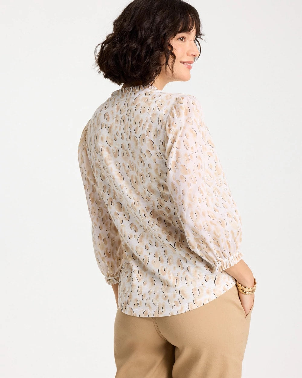 Chico's | Animal Print Ruffled V-Neck Top/ Mocha Mousse