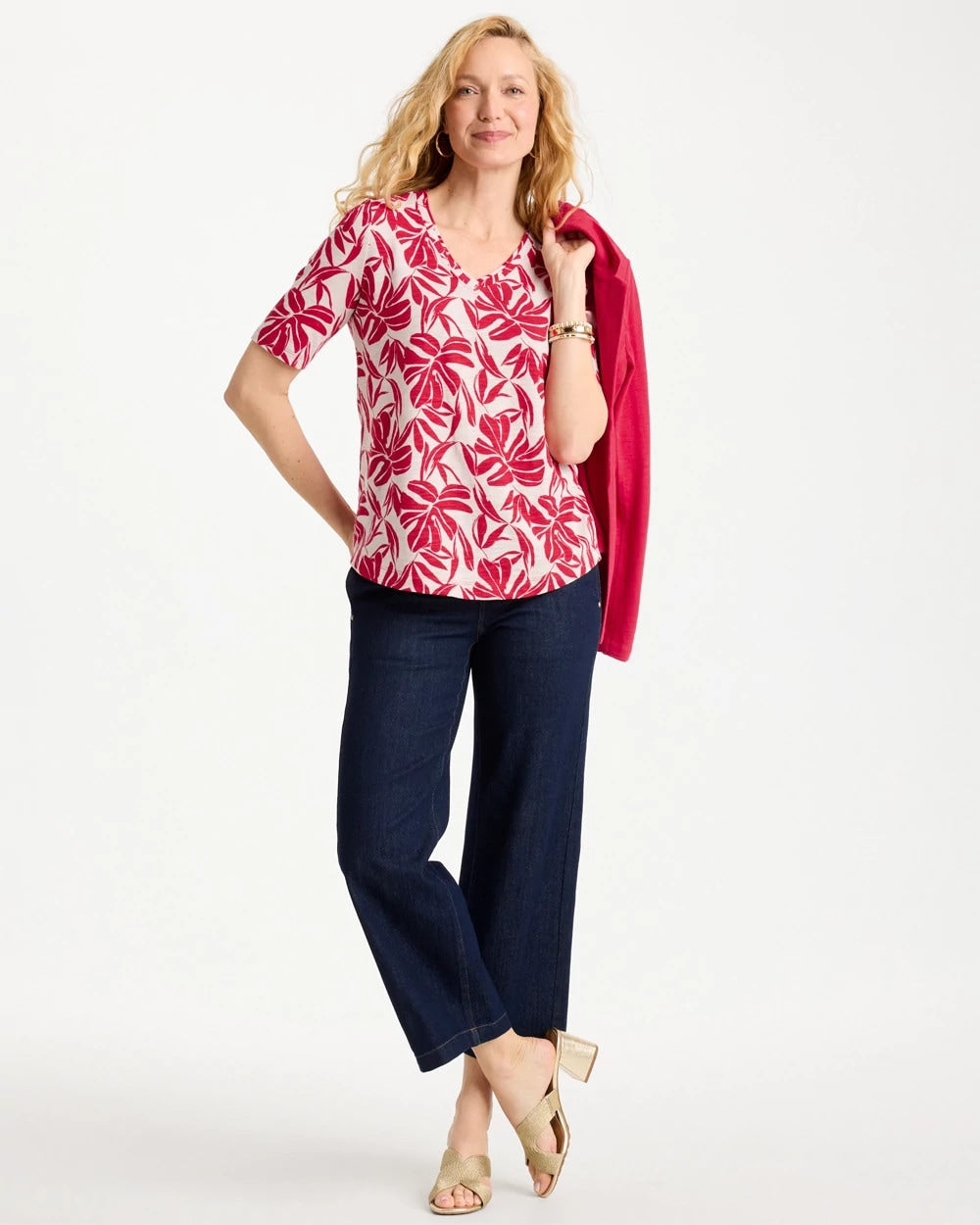 Chico's | Printed Cotton Slub V-Neck Tee/ Cherry Lush